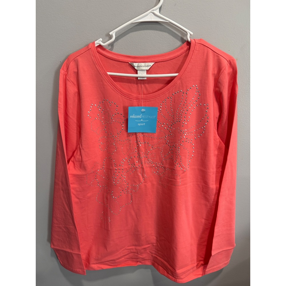 Christopher & Banks Relaxed Restyled Sport Coral Rhinestone Long Sleeve Top L